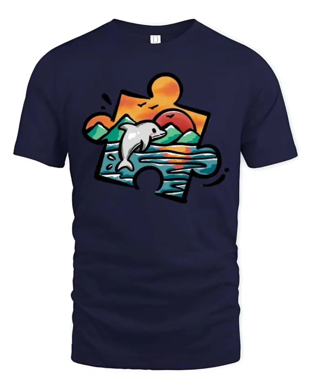 Artistic Dolphin Ocean Sunset Puzzle Piece Graphic Tee - navy t-shirt on white background