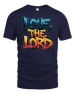 Expressive Love The Lord Graffiti Street Art Graphic Tee - navy t-shirt on white background