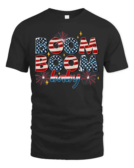 Festive Fourth Of July Boom Boom Baby Fireworks Graphic Tee - black t-shirt on white background