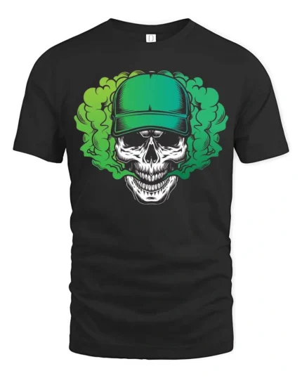 Striking Green Baseball Cap Skull Vapor Smoke Graphic Tee - black t-shirt on white background