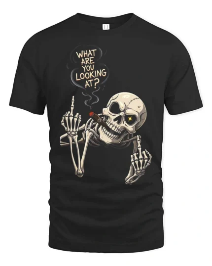 Aggressive Middle Finger Smoking Skeleton Graphic Tee - black t-shirt on white background