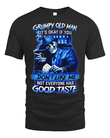 Blue Grumpy Old Man Skeleton Poker Player Graphic Tee - black t-shirt on white background