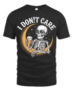 I Don’t Care Skeleton Drinking Beer Graphic Tee - black t-shirt on white background