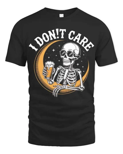 I Don’t Care Skeleton Drinking Beer Graphic Tee - black t-shirt on white background