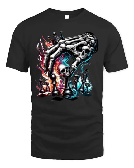 Intense Skeleton Hand Chess King Dark Magic Graphic Tee - black t-shirt on white background