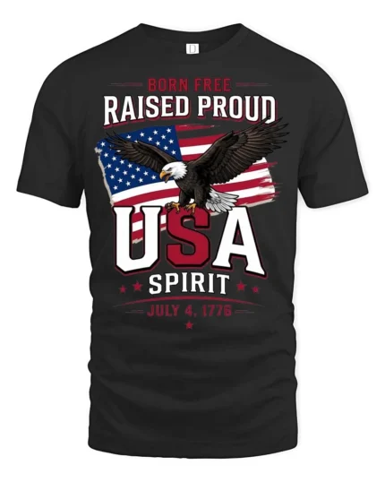 Inspiring Born Free Raised Proud Eagle Patriotic Graphic Tee - black t-shirt on white background