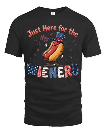 Entertaining Just Here For The Wieners Hot Dog Graphic Tee - black t-shirt on white background