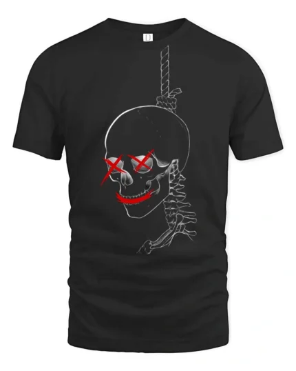 Gothic Gallows Hanging Skull Red Cross Eyes Novelty Tshirt - black t-shirt on white background