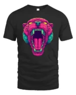 Striking Vaporwave Panther Roaring Neon Mascot Graphic Tee - black t-shirt on white background