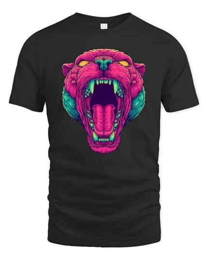 Striking Vaporwave Panther Roaring Neon Mascot Graphic Tee - black t-shirt on white background