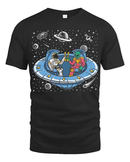 Awesome Extraterrestrial Spaceman Cheers Drinking Tshirt - black t-shirt on white background