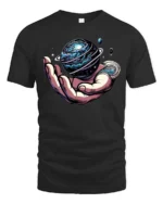 Enchanting Hand Holding Planet Cosmic Rings Graphic Tee - black t-shirt on white background
