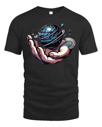Enchanting Hand Holding Planet Cosmic Rings Graphic Tee - black t-shirt on white background