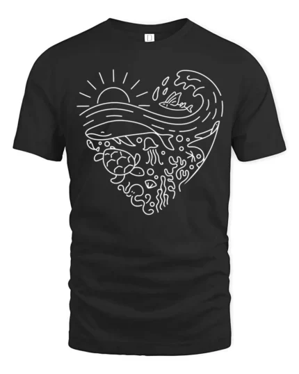Heart Shaped Marine Life Sea Conservation Graphic Tee - black t-shirt on white background