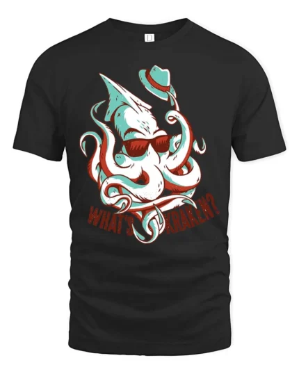Catchy What’s Kraken Funny Octopus Sunglasses Graphic Tee - black t-shirt on white background
