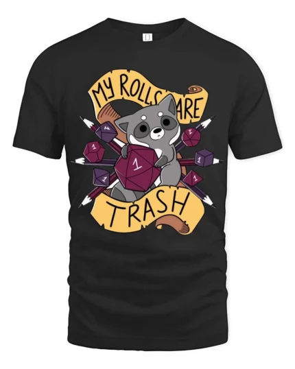 Entertaining My Rolls Are Trash Raccoon Tabletop RPG Graphic Tee - black t-shirt on white background