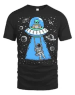 Creative Alien Spaceship Astronaut Swing Cosmic Graphic Tee - black t-shirt on white background
