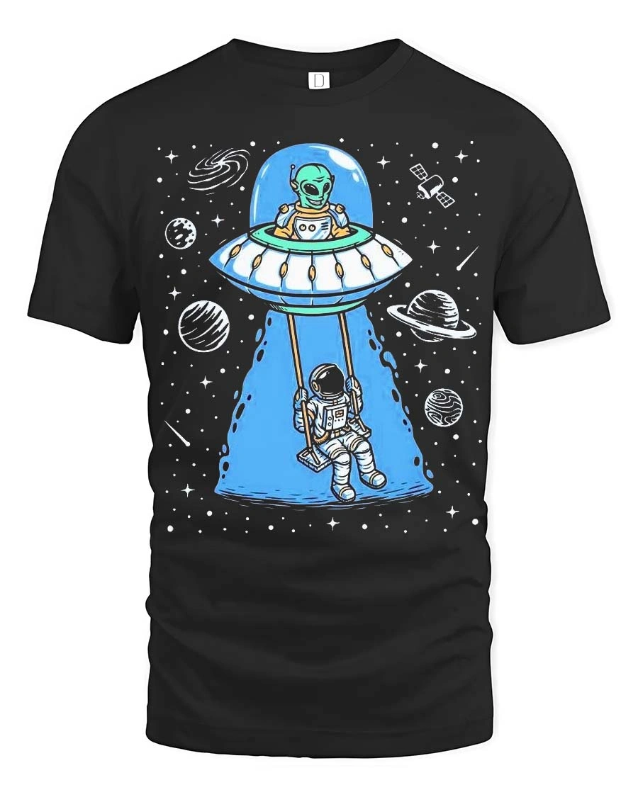 Creative Alien Spaceship Astronaut Swing Cosmic Graphic Tee - 1 Creative Alien Spaceship Astronaut Swing Cosmic Graphic Tee - black t-shirt on white background