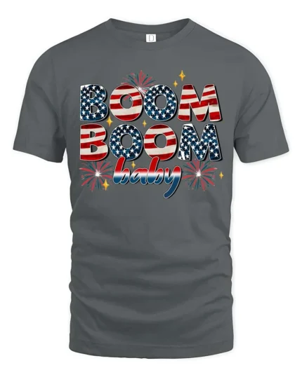 Festive Fourth Of July Boom Boom Baby Fireworks Graphic Tee - gray t-shirt on white background