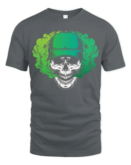 Striking Green Baseball Cap Skull Vapor Smoke Graphic Tee - gray t-shirt on white background