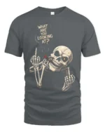 Aggressive Middle Finger Smoking Skeleton Graphic Tee - gray t-shirt on white background
