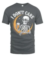 I Don’t Care Skeleton Drinking Beer Graphic Tee - gray t-shirt on white background