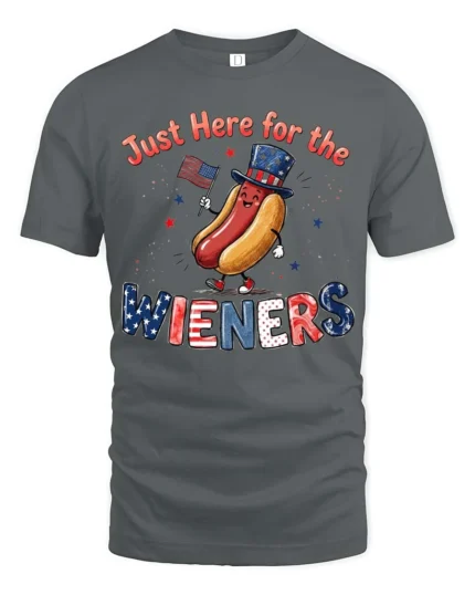Entertaining Just Here For The Wieners Hot Dog Graphic Tee - gray t-shirt on white background