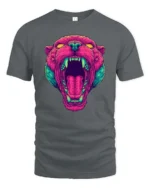 Striking Vaporwave Panther Roaring Neon Mascot Graphic Tee - gray t-shirt on white background