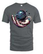 Enchanting Hand Holding Planet Cosmic Rings Graphic Tee - gray t-shirt on white background