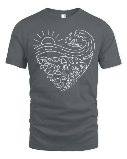 Heart Shaped Marine Life Sea Conservation Graphic Tee - gray t-shirt on white background