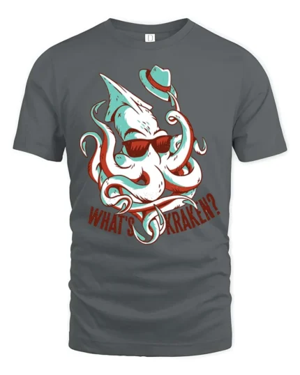 Catchy What’s Kraken Funny Octopus Sunglasses Graphic Tee - gray t-shirt on white background