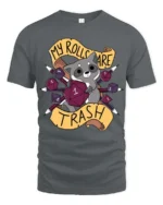 Entertaining My Rolls Are Trash Raccoon Tabletop RPG Graphic Tee - gray t-shirt on white background