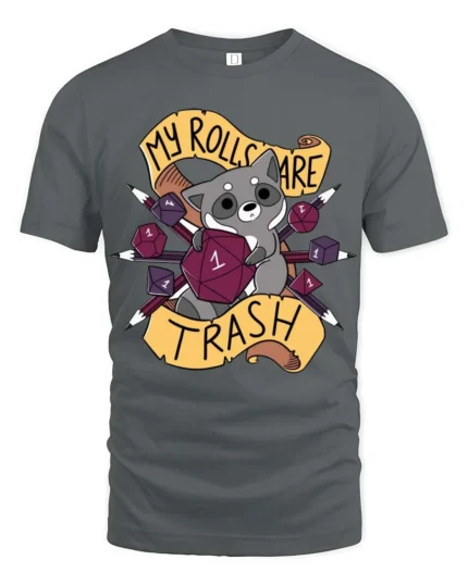 Entertaining My Rolls Are Trash Raccoon Tabletop RPG Graphic Tee - gray t-shirt on white background