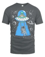 Creative Alien Spaceship Astronaut Swing Cosmic Graphic Tee - gray t-shirt on white background