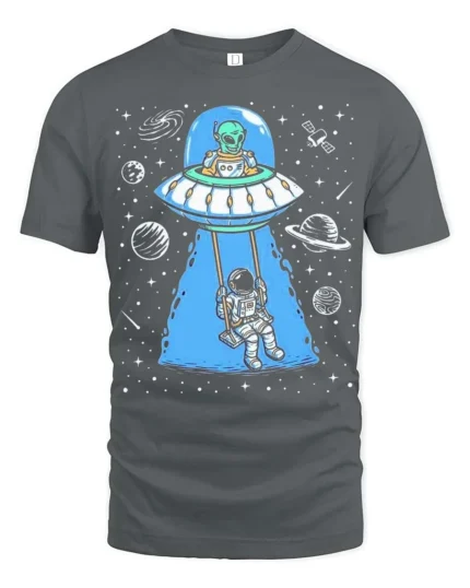 Creative Alien Spaceship Astronaut Swing Cosmic Graphic Tee - gray t-shirt on white background