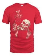 Aggressive Middle Finger Smoking Skeleton Graphic Tee - red t-shirt on white background