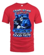 Blue Grumpy Old Man Skeleton Poker Player Graphic Tee - red t-shirt on white background