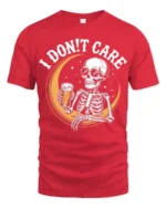I Don’t Care Skeleton Drinking Beer Graphic Tee - red t-shirt on white background