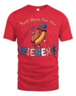 Entertaining Just Here For The Wieners Hot Dog Graphic Tee - red t-shirt on white background
