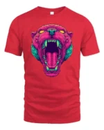 Striking Vaporwave Panther Roaring Neon Mascot Graphic Tee - red t-shirt on white background