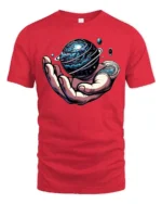 Enchanting Hand Holding Planet Cosmic Rings Graphic Tee - red t-shirt on white background