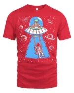 Creative Alien Spaceship Astronaut Swing Cosmic Graphic Tee - red t-shirt on white background