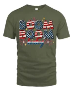 Festive Fourth Of July Boom Boom Baby Fireworks Graphic Tee - military green t-shirt on white background