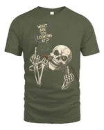Aggressive Middle Finger Smoking Skeleton Graphic Tee - military green t-shirt on white background