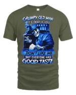 Blue Grumpy Old Man Skeleton Poker Player Graphic Tee - military green t-shirt on white background