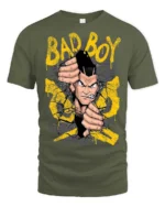 Bad Boy Cracking Wall Anime Mascot Graphic Tee - military green t-shirt on white background