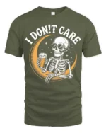 I Don’t Care Skeleton Drinking Beer Graphic Tee - military green t-shirt on white background