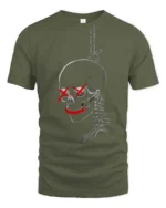 Gothic Gallows Hanging Skull Red Cross Eyes Novelty Tshirt - military green t-shirt on white background