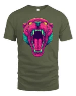 Striking Vaporwave Panther Roaring Neon Mascot Graphic Tee - military green t-shirt on white background