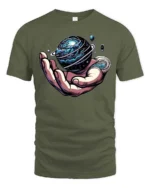 Enchanting Hand Holding Planet Cosmic Rings Graphic Tee - military green t-shirt on white background